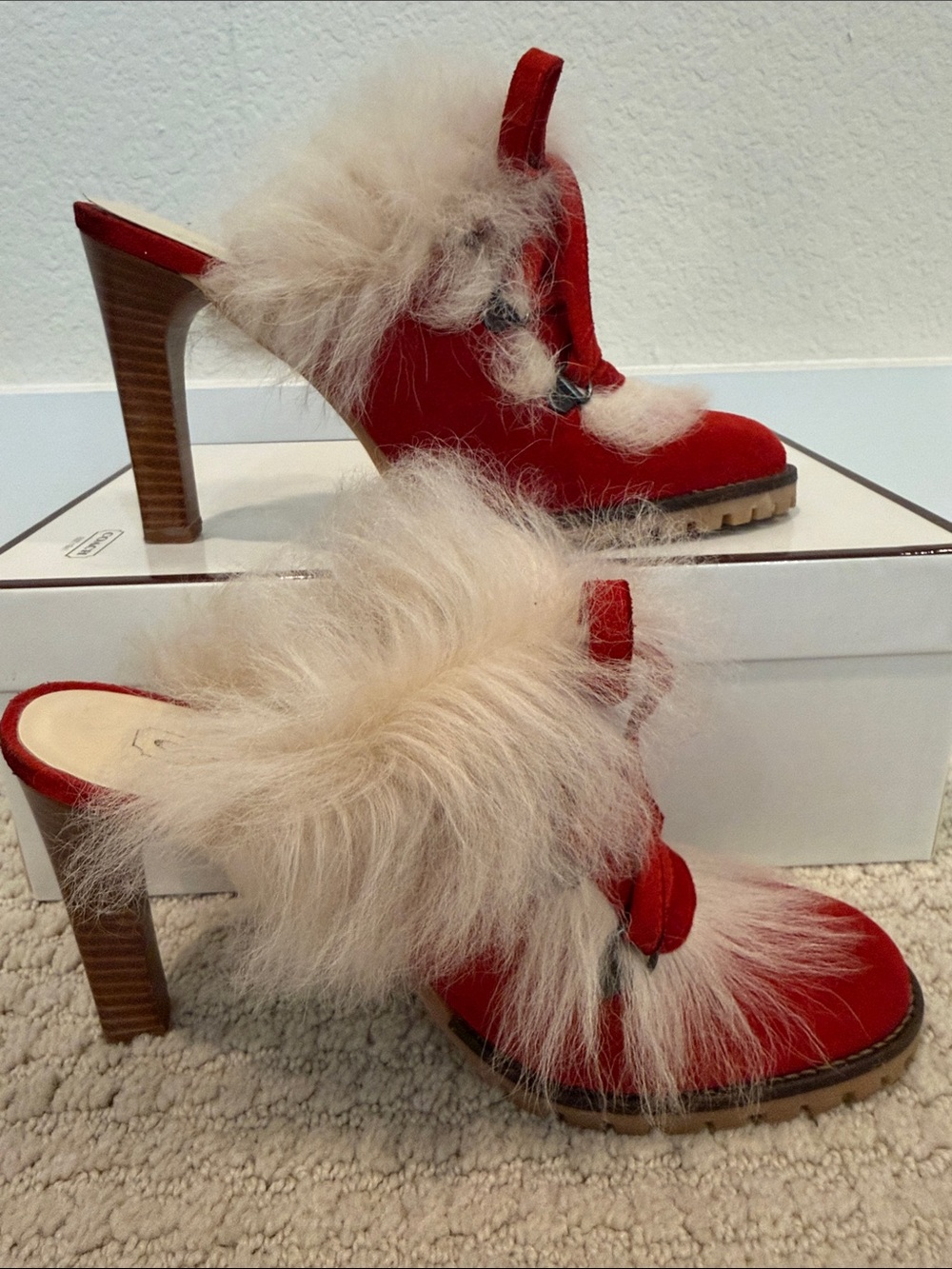 Coach Red Suede Mules with Cream Fur Trim